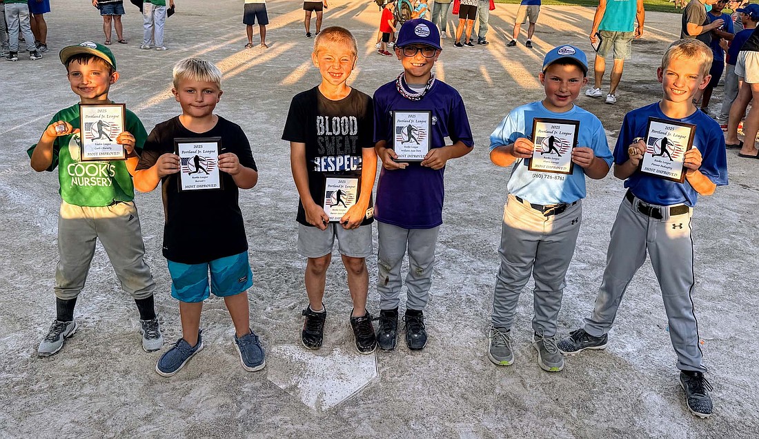 Portland Junior League Rookie baseball league awarded seven players with the Most Improved Player award following the conclusion of the season. Pictured above from left to right are Bryson Berry, Dray Brown, Ricky Heitkamp, Zander Williams, Abe Theurer and Nathan Fullenkamp. (Photo provided)