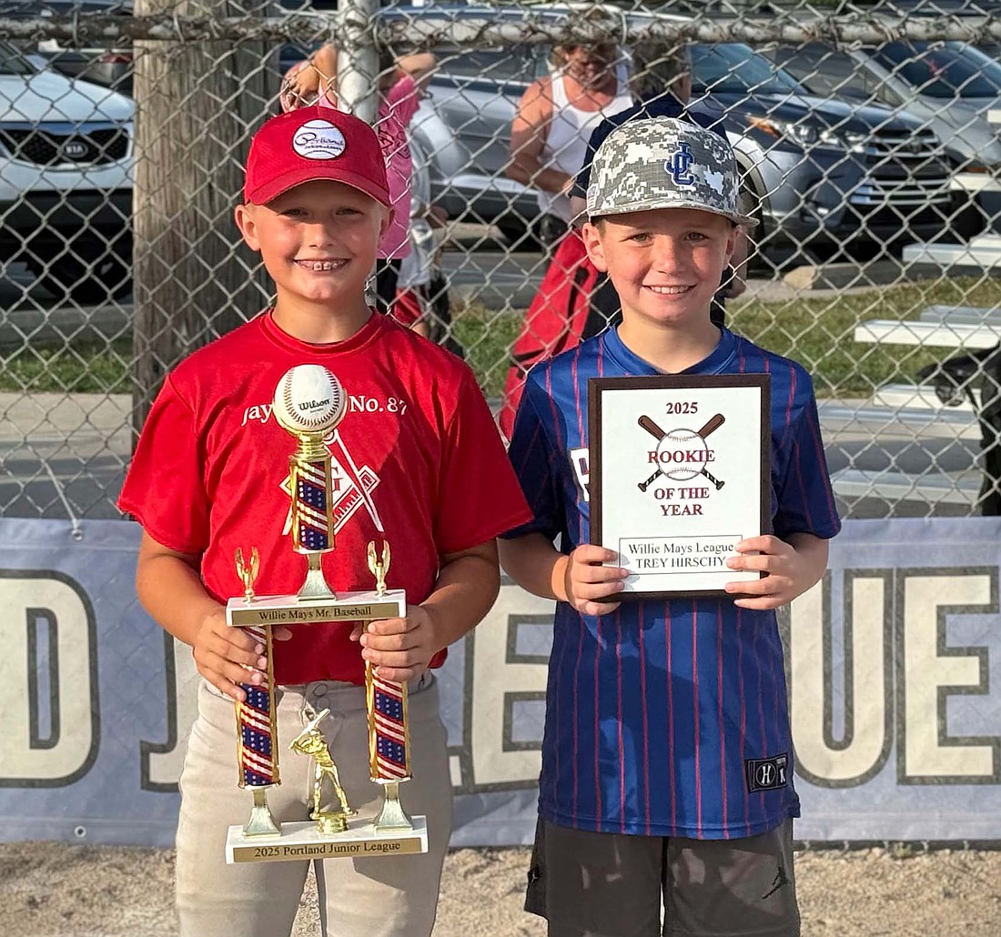 Portland Junior League gave out awards following the conclusion of the 2025 season. Pictured above are Mr. Baseball Easton Steed and Willie Mays Baseball Rookie of the Year Trey Hirschy. At left are Jada Plessinger, the Major Softball league’s Miss Softball, and Rookie of the Year Ellie Wiggins. (Photos provided)