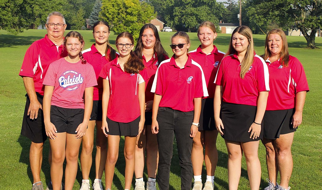 Pictured is the 2025 Jay County High School girls golf team. Front row from left are Sophia Reagan, Bailey Towell, Crystal Swartzentruber and Reny Lingo. Back row are assistant coach Marvin Buckner, Elizabeth Brunswick, Erin Aker, Alexa Ridenour and coach Carissa Allred. Not pictured is Annie Spencer.