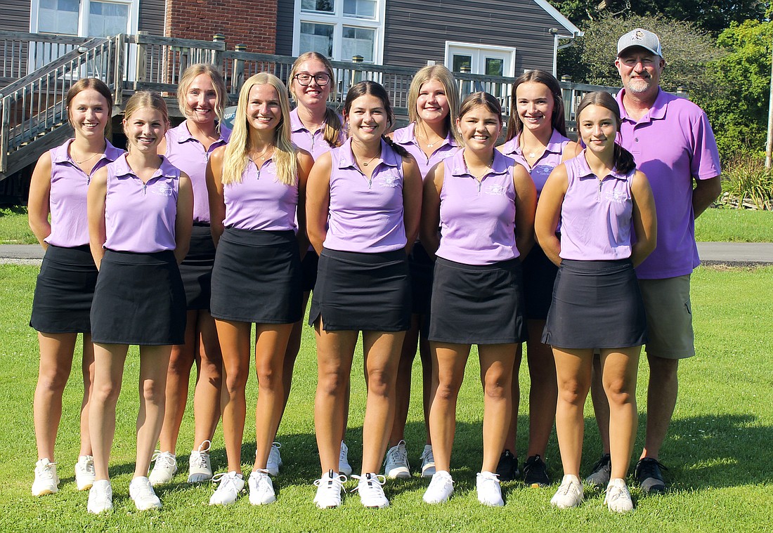 Pictured is the 2025 Fort Recovery High School girls golf team. Front row from left are Emily Boeckman, Evvie Briner, Kyra Brunswick, Kali Brunswick and Layla Armstrong. Back row are Macy Kaffenberger, Olivia Knapke, Mallory Evers, Liza Knapke, Claire Wenning and coach Jeff Vaughn. Not pictured are Georgia Wenning and Cora Pearson. (The Commercial Review/Andrew Balko)