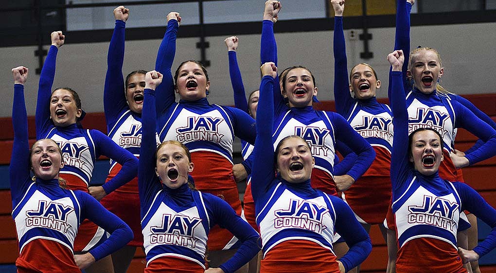 The Jay County Junior-Senior High School cheerleading squads held their Indiana State Fair preview shows Friday evening at East Jay Elementary School. Pictured above, front row from left, are varsity cheerleaders Faith Faulkner, Emma Hatzell, Kayla Jetmore and Dakota Blalock. Second row are Ashlynn Brunswick, Emmarie Barton, Aubree Shannon and Kaylyn Bell. Back row are Tinley Walker and Brenna Schmiesing. Below, from left, are junior high cheerleaders Charli Stephens, Adalyn Broering, Jordyn Champ, Aubree Hunley, Ali Luna and Aubree York. The Jay County junior high squad will take the mat at 9:42 a.m., with the varsity to follow at 11:02 a.m. Awards are scheduled for 2:25 p.m. (The Commercial Review/Ray Cooney)