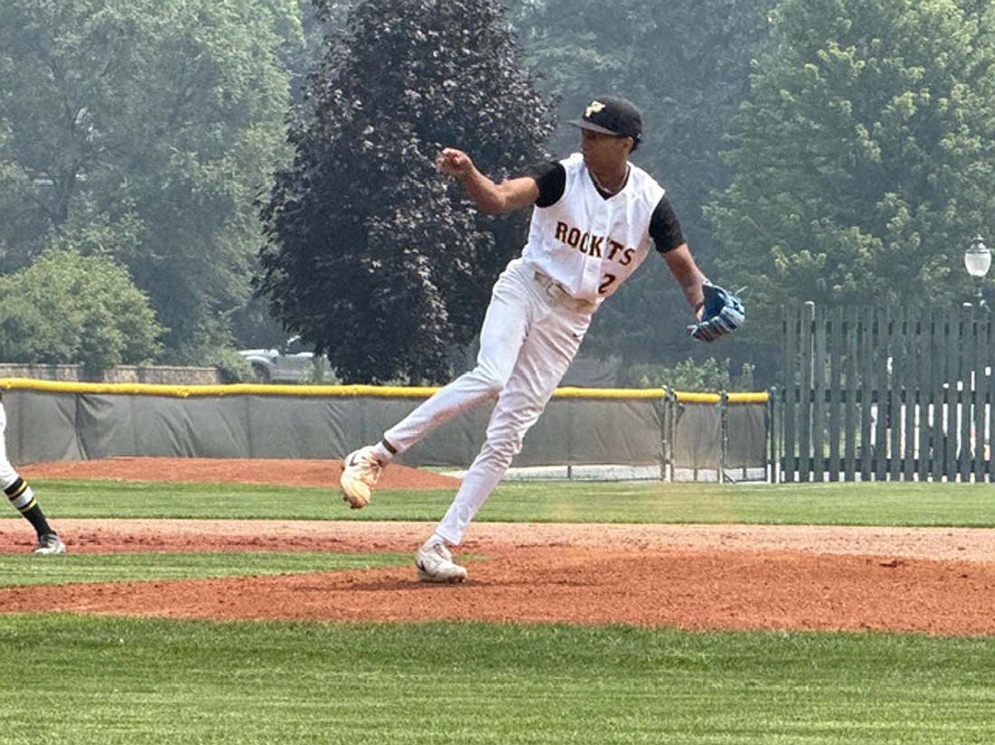 Andrew Onuegbu finishes a pitch during the Portland Rockets’ tournament opener against the Hackensack Troasts on Thursday. Onuegbu and Jayden Simpson threw a combined no-hitter for a 5-1 win to help get the Rockets to bracket play over the weekend. (Special to The Commercial Review/Samantha Murdock)