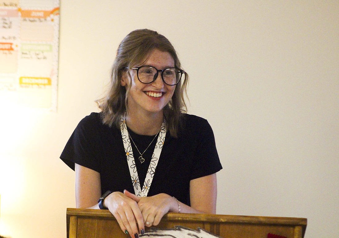 Nadia Hardman grins as students share about their summer vacation activities Thursday during her first day teaching at Bloomfield Elementary School. Hardman is the new fifth grade teacher at the school, taking over the classroom following the death of Giles Laux in May. She completed her student teaching under Laux’s supervision and completed the 2024-25 year in his absence after he suffered a cardiac arrest in April. (The Commercial Review/Bailey Cline)