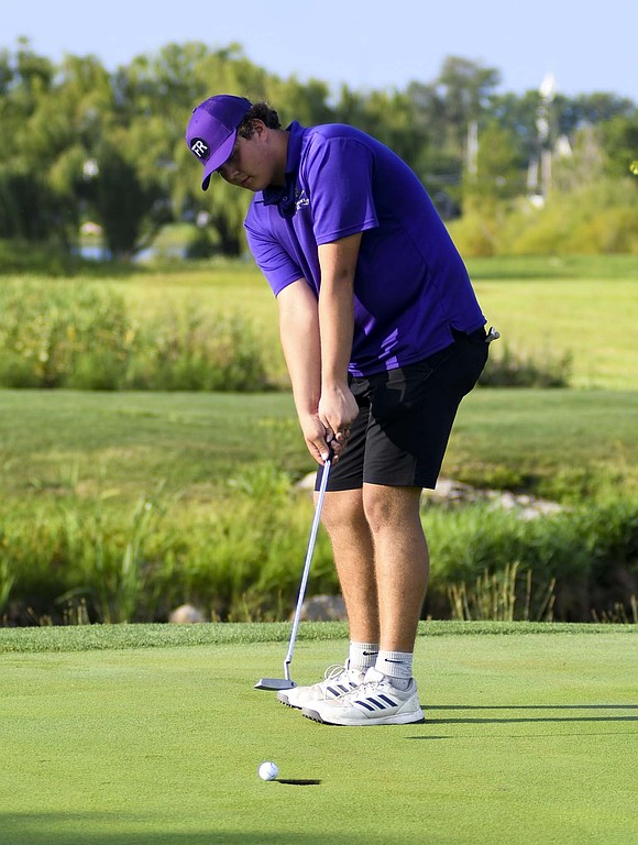Luke Fortkamp, a senior on the Fort Recovery High School boys golf team, sends a putt near the pin on the seventh hole at Winchester Golf Club on Tuesday. Fortkamp contributed to the team score for the first time on Monday and followed it up with a 44 to help the Tribe beat Mississinawa Valley 161-180. (The Commercial Review/Andrew Balko)