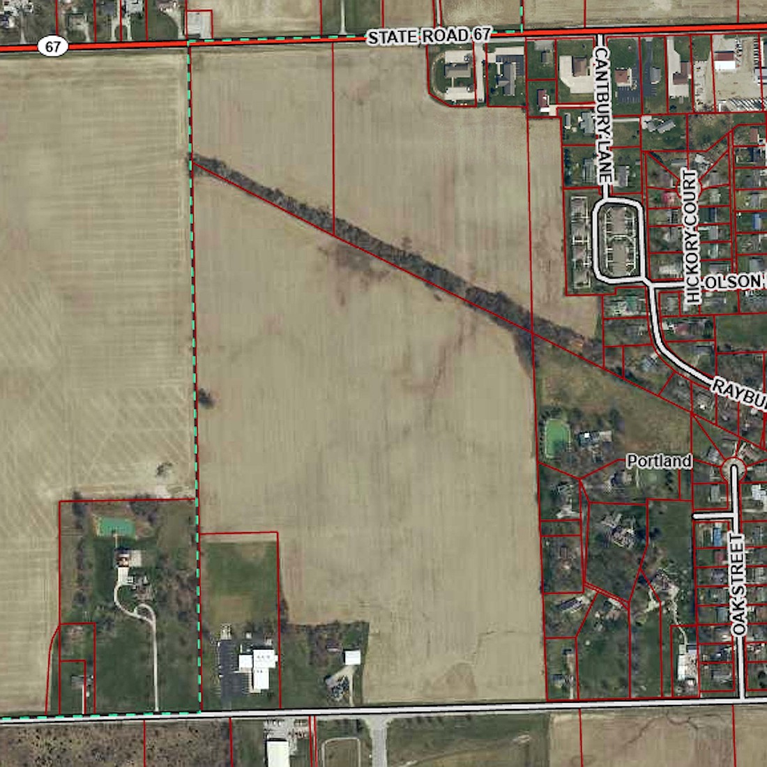 The above map shows the property Jay County Council declared interest in purchasing during a meeting Wednesday night. The property on the north side of Tyson Road (bottom) sits between Brigade Electronics (lower left) and Rose Drive (at right). The county is awaiting independent appraisals on the property, which is set for public auction next month. (Jay County GIS)