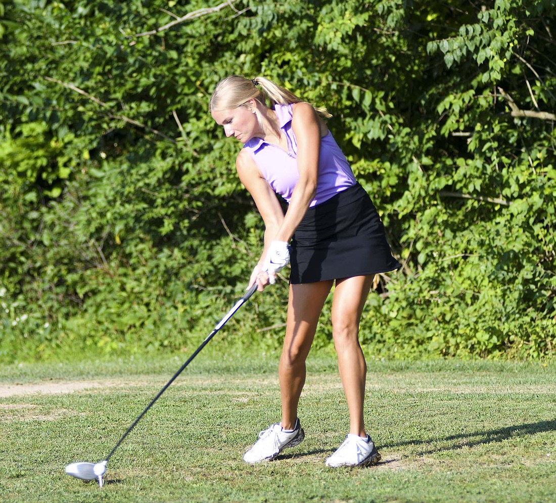 Fort Recovery High School senior Evvie Briner tees off on the par-5 sixth hole at Portland Golf Club Thursday morning. Briner tied Olivia Knapke for the match medalist title with a 47 in the 191-257 defeat of the Parkway Panthers. (The Commercial Review/Andrew Balko)