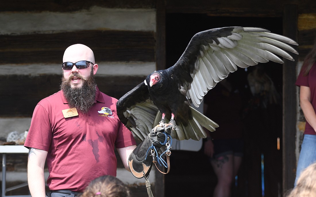 Pictured above, Chris of Soarin’ Hawk Raptor Rehabilitation Center of Huntertown shows a vulture during a presentation at Balbec Days. (The Commercial Review/Ray Cooney)