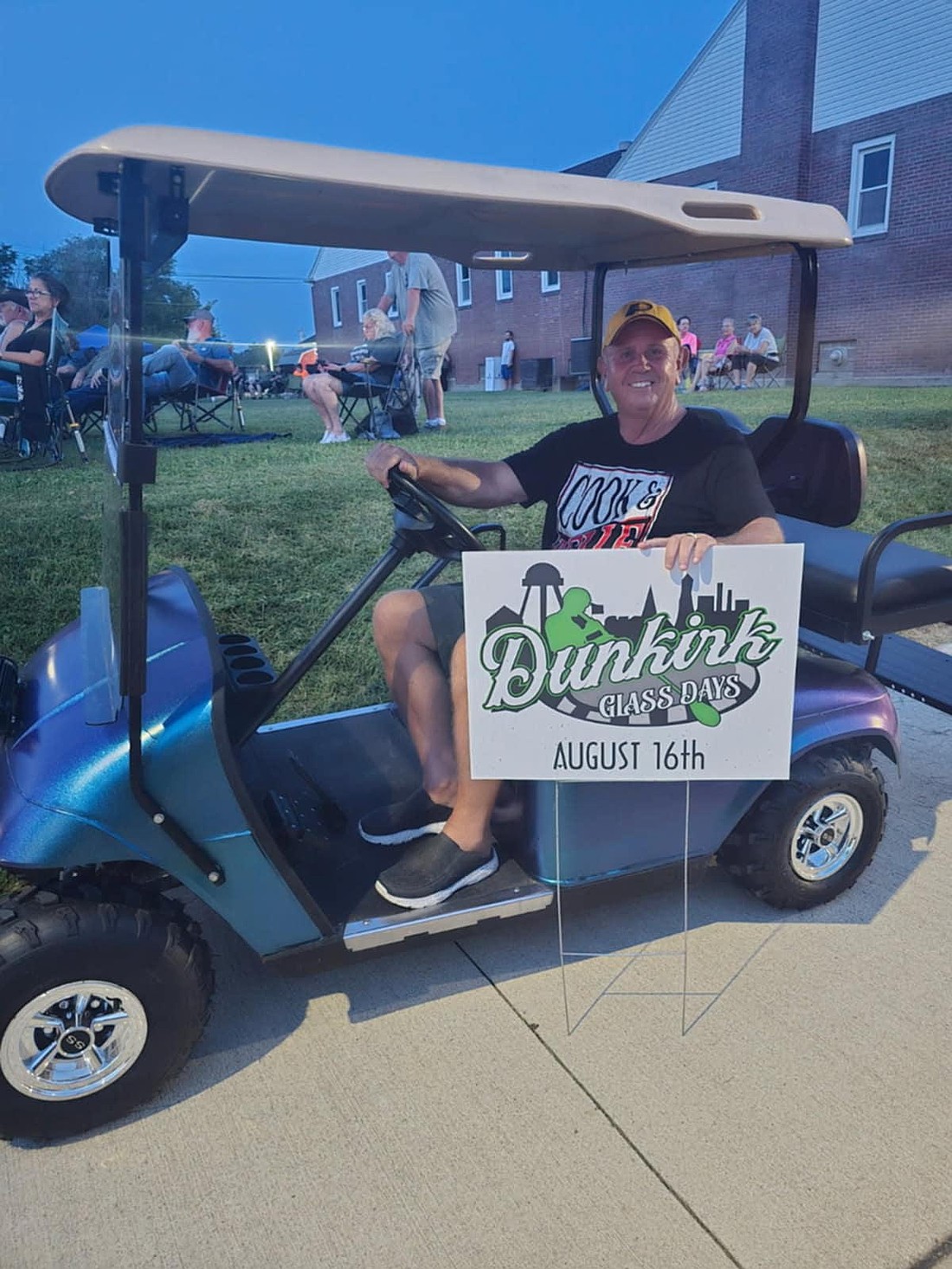 Dru Hall, pictured above, won The Dunkirk Elks Lodge Glass Days golf cart raffle. Proceeds from the raffle will go to purchase a new electronic digital sign for The Dunkirk Elks Lodge. Greg and Karan Mitchey donated the golf cart for the raffle. (Photo provided)