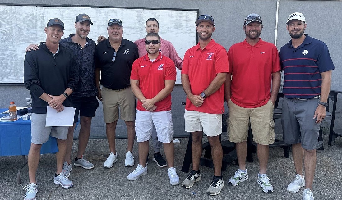 The Jay County High School basketball program held its annual golf outing Aug. 22 at Portland Golf Club and honored the 2025-06 squad that finished as the Class 3A state runner-up. Pictured, from left, are Scott Bruggeman, Clint Muhlenkamp, assistant coach Chris Krieg, Tyler Rigby, Luke Goetz, Zac Green, John Retter and Randy Evans. They defeated Elwood, Tipton in overtime and Mississinewa in the sectional, Tippecanoe Valley and Wawasee in the regional and Plymouth in the semi-state in overtime before losing to New Castle in the state championship game. Rigby will be in his first season coach JCHS this year and Goetz serves as an assistant coach. (Photo provided)