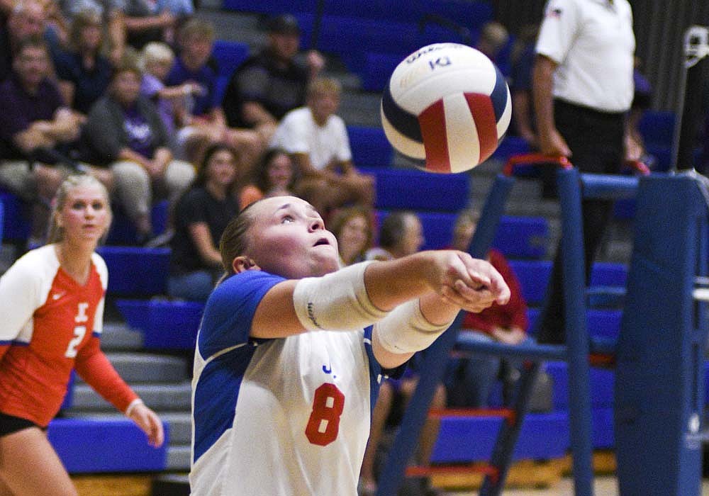 Lani Muhlenkamp of the Jay County High School volleyball team passes a ball during the Patriots’ 25-23, 12-25, 25-15, 25-19 win over Fort Recovery on Tuesday. Muhlenkamp led JCHS in the back row with 20 digs. (The Commercial Review/Ray Cooney)