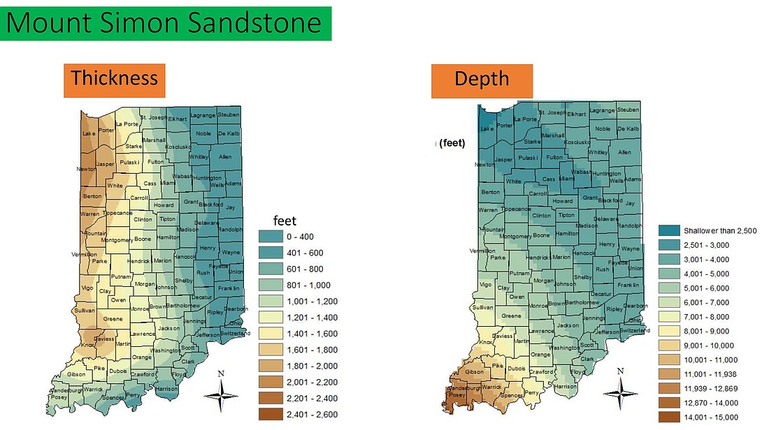 The above graphic from a presentation Purdue University professor Douglas Schmitt shared Thursday night with Portland Plan Commission shows the thickness and depth of Mount Simon Sandstone in Indiana. The porous sandstone that is 3,000 to 4,000 feet deep and 400 to 600 feet thick in Jay County is where carbon dioxide would be injected through a proposed POET Biorefining carbon sequestration project. The plan commission voted Thursday to recommend not putting a moratorium in place for such projects. (Graphic provided)