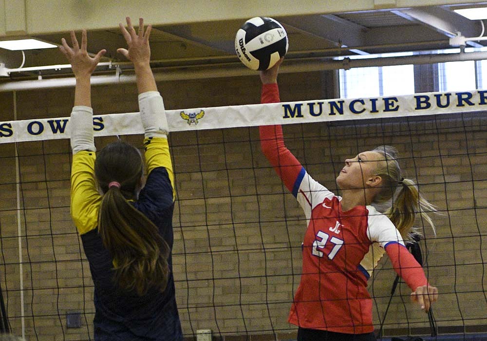 Jay County High School freshman Emery Forthofer connects for a kill during Saturday's pool play match against Class 1A No. 1 Trinity Lutheran in the Shondell Family Invitational hosted by Burris at Ball State University's Ball Gymnasium. The Patriots dropped matches to Trinity Lutheran and the Class 2A No. 10 host Owls before knocking off Fairfield. (The Commercial Review/Jay County)