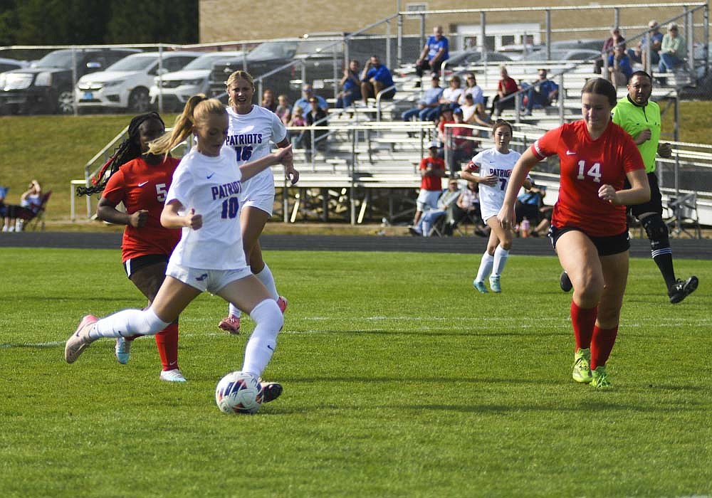 London Lloyd of Jay County High School lines up a shot during the first half of the Patriots' 8-0 victory Tuesday over the host Wapahani Raiders. Lloyd scored the sixth goal of the game for the Patriots, who put two on the board in the first 37 seconds. (The Commercial Review/Ray Cooney)