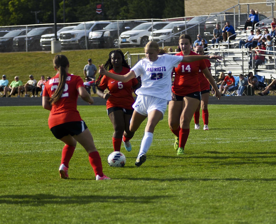 Jay County High School freshman Ayla Jackson fires a shot with several Wapahani defenders around her during the Patriots’ 8-0 victory Tuesday. Jackson scored once for JCHS in the win, while Aixa Lopez added three goals, fellow freshman Maria Laux scored twice and London Lloyd connected once. (The Commercial Review/Ray Cooney)