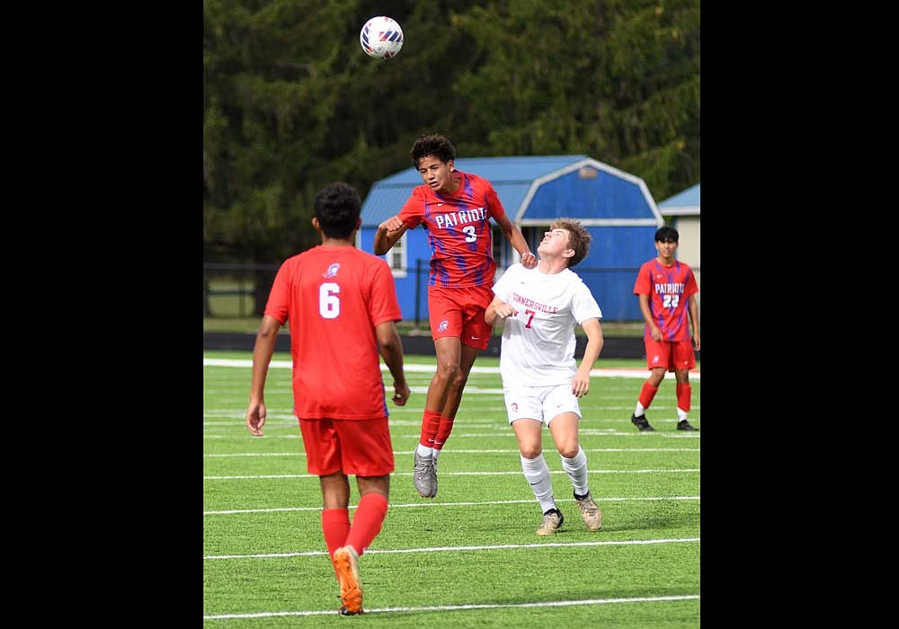 Aryan Montes heads a ball during the Jay County High School boys soccer team’s 4-3 win over Connersville on Sept. 28, 2024. Montes is no longer on the pitch for the Patriots as he joined the Hoosier Premier Academy of the MLS NEXT league. (The Commercial Review/Andrew Balko)