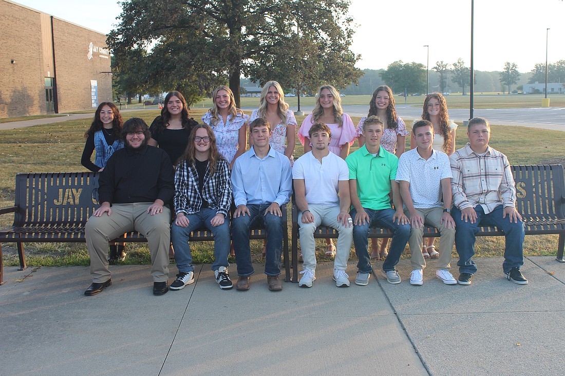 Jay County High School will celebrate homecoming with a parade from Jay County Fairgrounds to East Jay Elementary School beginning at 5 p.m. Friday with the football game to follow at 7:30 p.m. at Harold E. Schutz Memorial Stadium. Pictured are the candidates for homecoming king and queen. Front row are king candidates Noah Walter, Dominic Steveson, Nick Laux, Carter Fugiett, Drew Muhlenkamp, Lincoln Clamme and Matthew Fisher. Back row are queen candidates Finley Hatzell, Lilly Johnson, Faith Faulkner, Elizabeth Barnett, Paisley Fugiett, Lauren Fisher and Emma Hatzell. The king and queen will be crowned at halftime of the football game. (The Commercial Review/Ray Cooney)