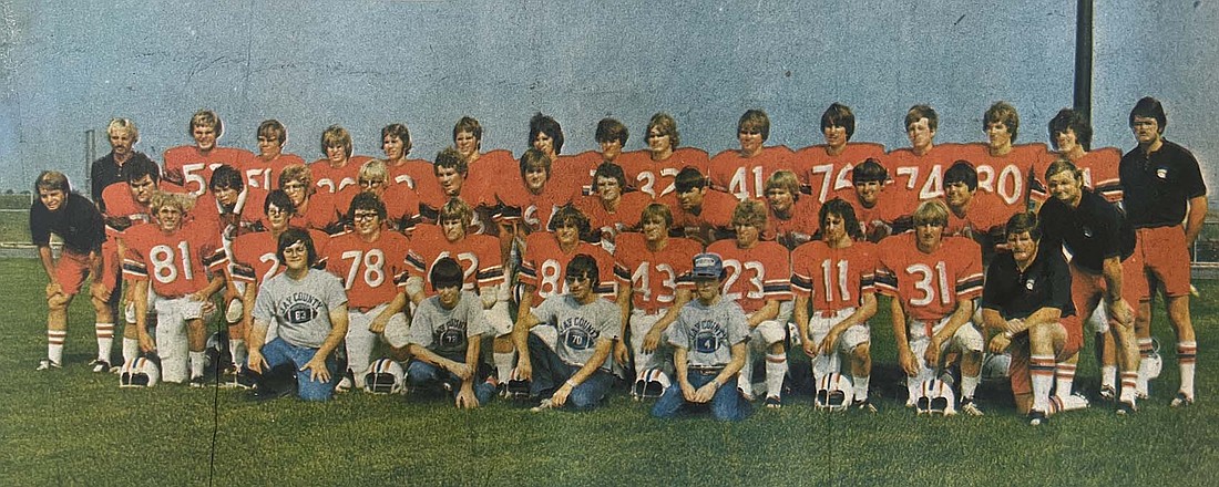 Pictured is the 1975 Jay County High School football team, the first in Patriot history. That group won its first game over Bluffton — Friday’s homecoming opponent — and beat Winchester 24-0 in the inaugural homecoming game on the way to an 8-2 record. Former JCHS coach Tom Bruin and several of his players from the 1975 squad are expected to be on hand for Friday night’s homecoming parade and football game against the Tigers. (The Commercial Review)