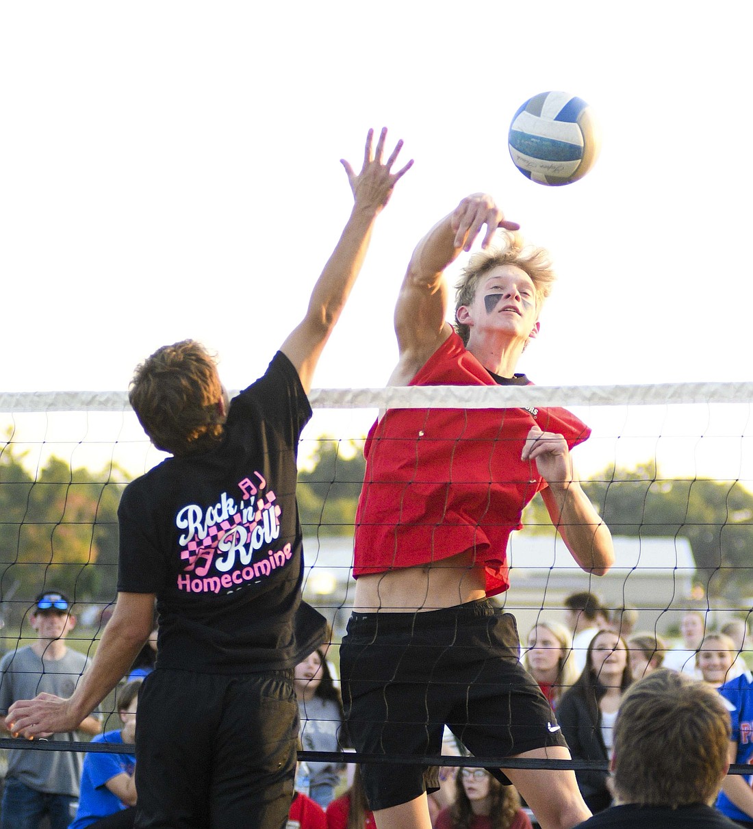 Cole Forthofer, a senior at Jay County High School, puts a big swing on a ball during the JCHS spirit night as part of the homecoming festivities on Wednesday afternoon. (The Commercial Review/Ray Cooney)