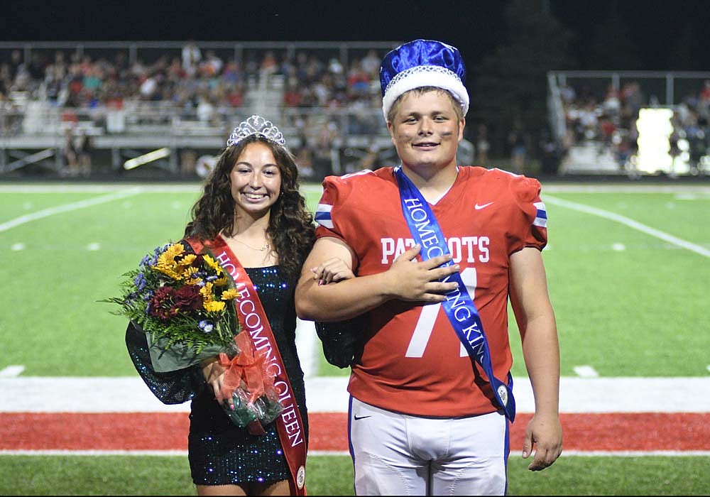 Jay County High School celebrated homecoming Friday night. Finley Hatzell and Matthew Fisher (above) were crowned king and queen during halftime of the Patriots’ loss to the Bluffton Tigers. (The Commercial Review/Ray Cooney)