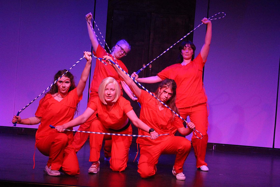 Jay County Civic Theatre’s cast of “Legally Blonde” hits a pose during the song “Whipped into Shape” at Monday’s rehearsal. Pictured, front row from left, are Carly Shaneyfelt, Julie Pickett and Maisey Keller. Back row are Emilee Buckner and Alison McGraw. (The Commercial Review/Bailey Cline)