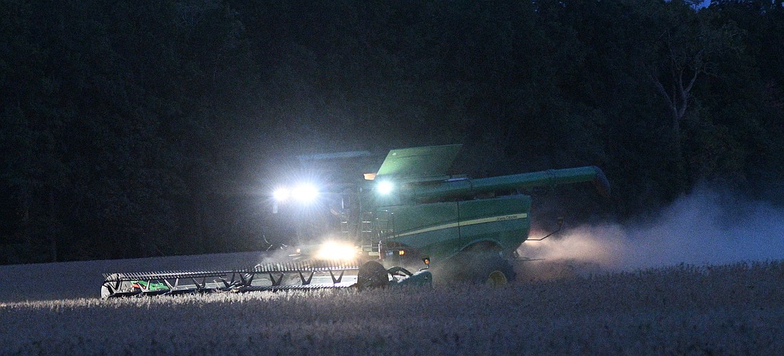 A farmer harvests soybeans in a field on the south side of Tyson Road on Thursday evening. Farmers have had no problems getting into the fields with dry conditions and temperatures consistently in the upper 70s or 80s this fall. (The Commercial Review/Ray Cooney)