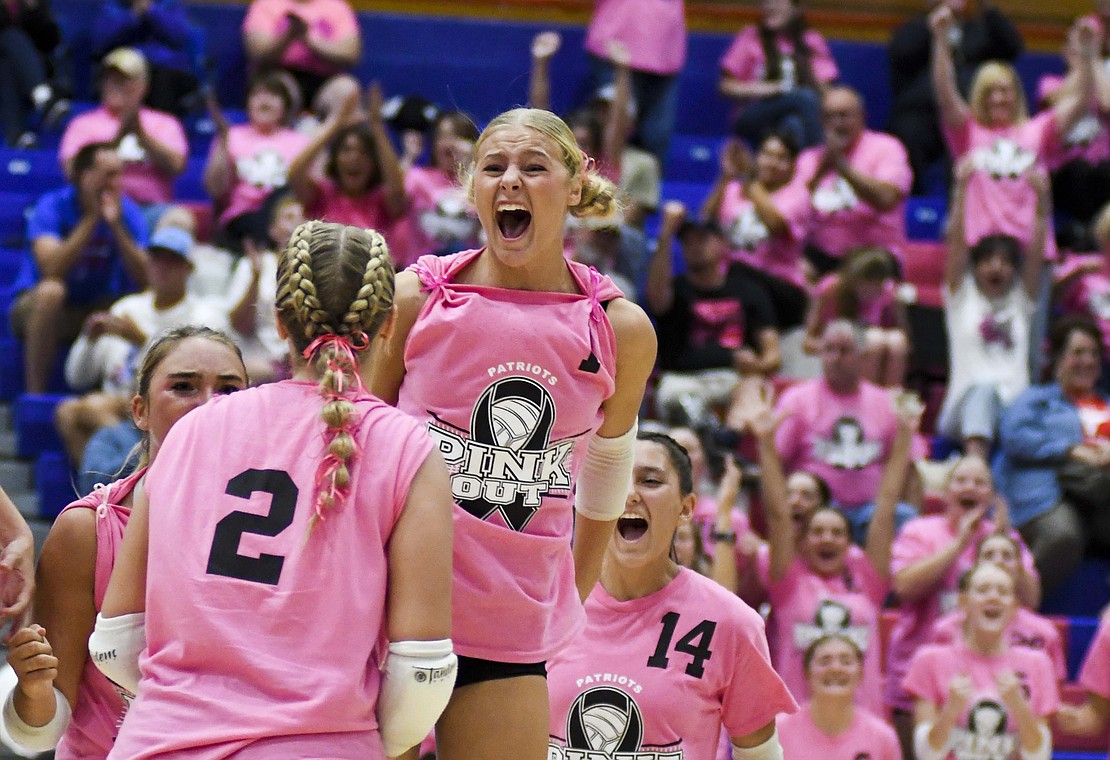 Jay County High School volleyball team secured the outright Allen County Athletic Conference regular-season volleyball championship with a win over Class 3A No. 7 Heritage while the boys tennis team defeated Randolph Southern to earn its fourth consecutive sectional title. Pictured above, JCHS junior Hallie Schwieterman screams at Elizabeth Barnett (2) after rallying in the fourth set of the ACAC clincher. Schwieterman led JCHS with 19 kills while Barnett added 12. (The Commercial Review/Andrew Balko)