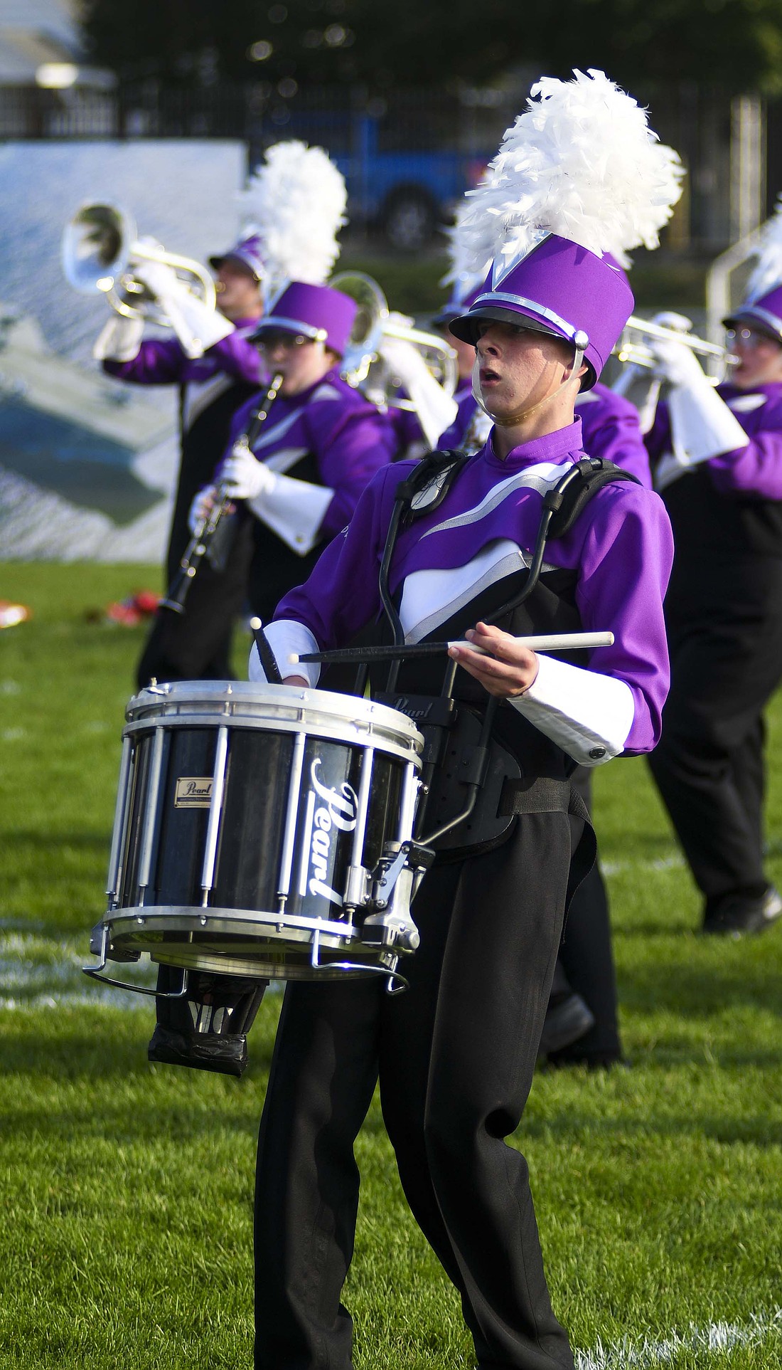 Fort Recovery High School freshman Carter Kaiser plays the snare drum during Saturday’s competition at Versailles. The band will be back in action this weekend at Ohio State University. (The Commercial Review/Ray Cooney)