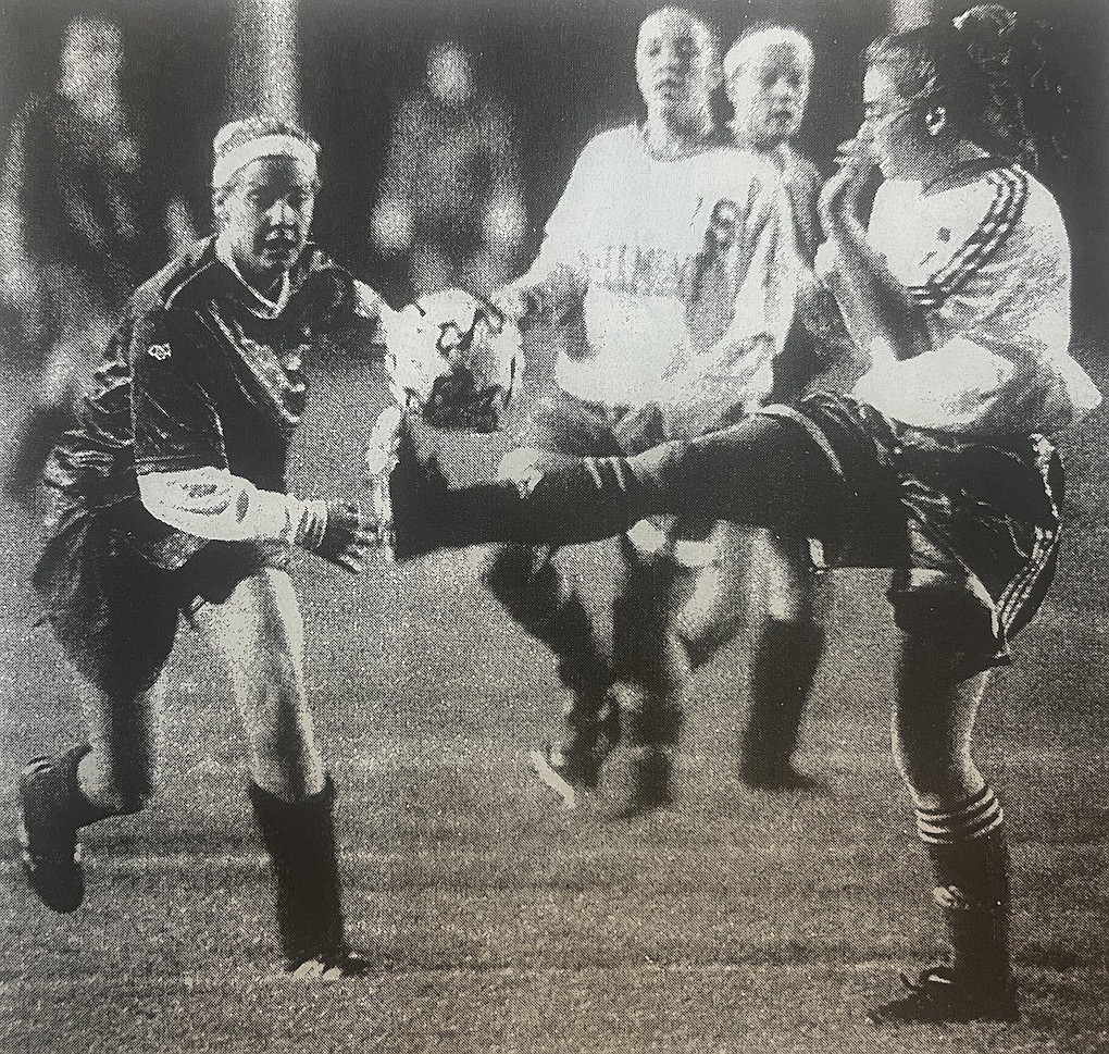 Jay County High School’s Dawn Ogden (left) keeps her eye on the ball on Oct. 12, 2000, during the Patriot girls soccer team’s 2-1 sectional semifinal victory over Bellmont. Ogden assisted on Abby Arnold’s first-half goal. (The Commercial Review/Mike Snyder)