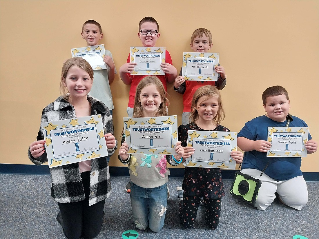 East Elementary School recently recognized second graders for showcasing trustworthiness. Pictured, front row from left, are Avery Jutte, Quinn Alt, Lucy Edmundson and Spencer Tapley. In the second row are Russell Vogel, Porter Huntsman and Max Chenoweth. (Photo provided)