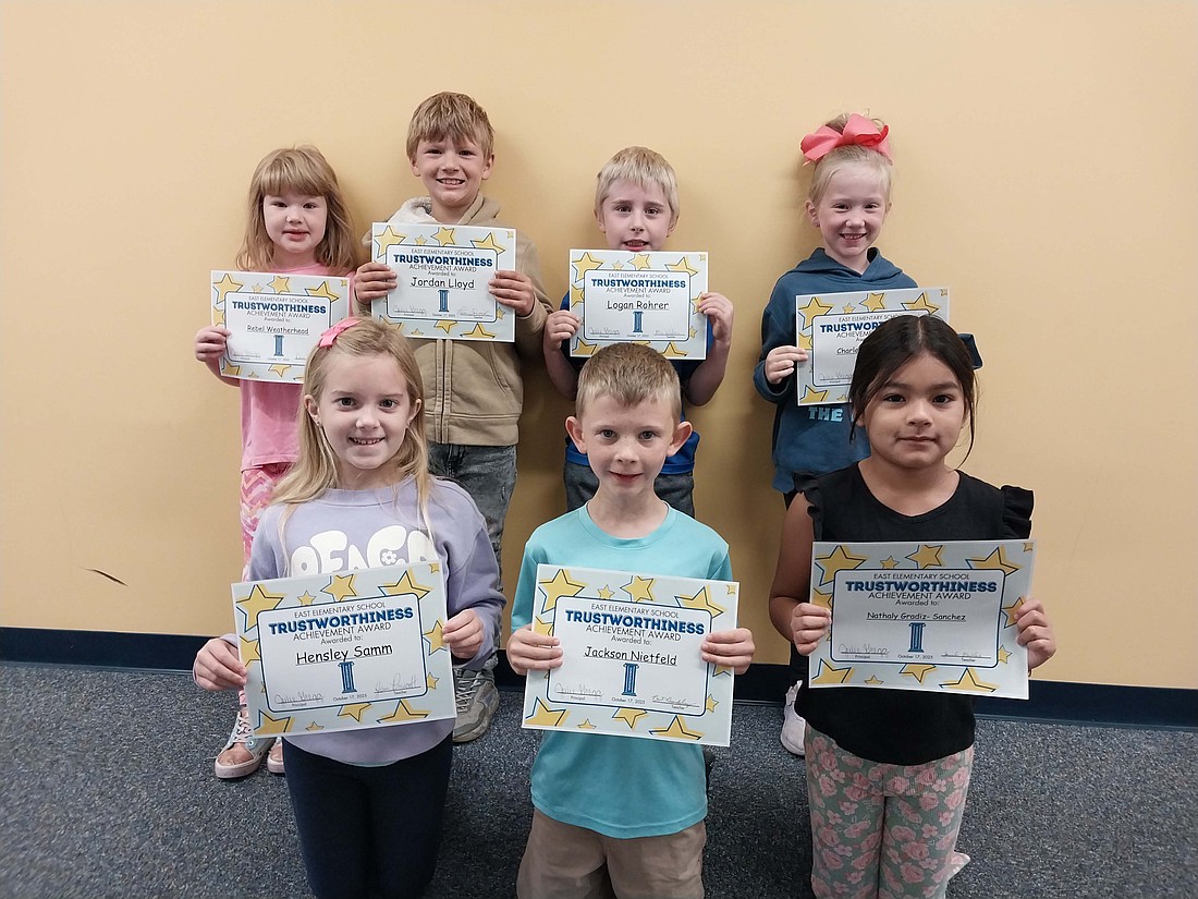 East Elementary School recognized first graders for demonstrating trustworthiness. Pictured above in the front row from left are Hensley Samm, Jackson Nietfeld and Nathaly Gradiz-Sanchez. In the back row are Rebel Weatherhead, Jordan Lloyd, Logan Rohrer and Charlotte Huntsman. (Photo provided)