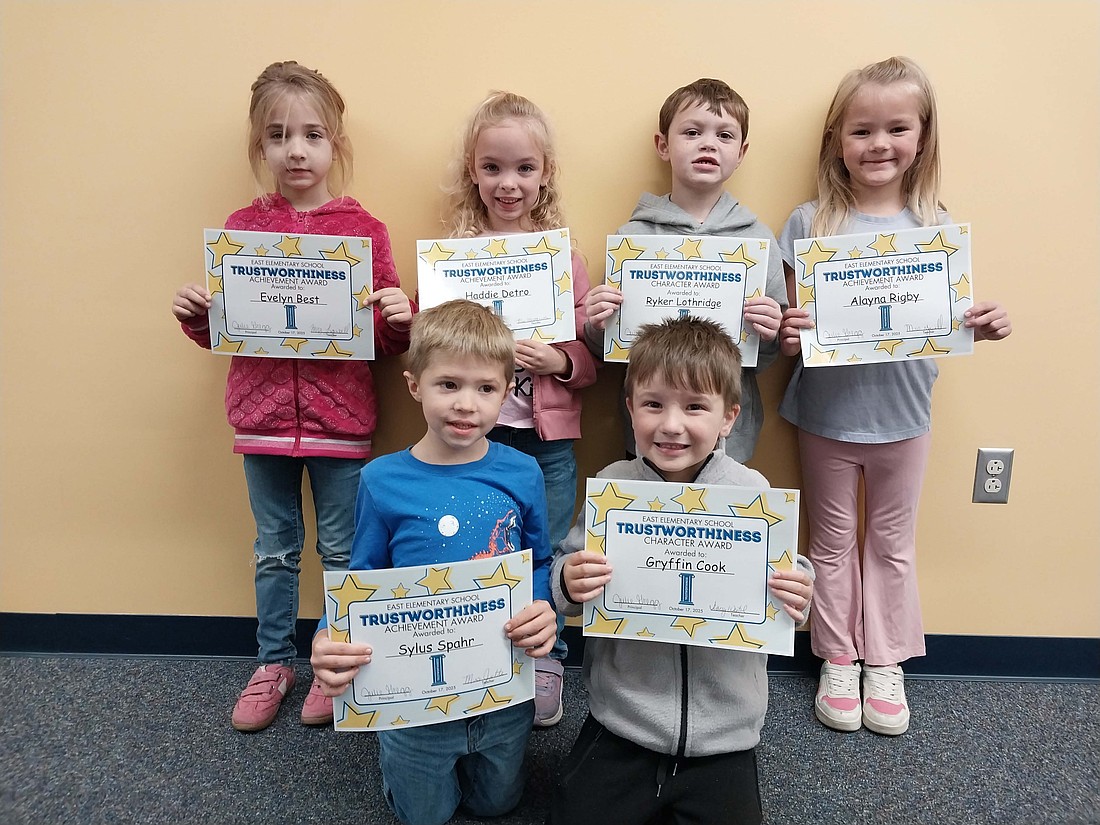 East Elementary School recognized kindergartners for demonstrating trustworthiness. Pictured above in the front row are Sylus Spahr and Gryffin Cook. In the back row are Evelyn Best,  Haddie Detro, Ryker Lothridge and Alayna Rigby. Not pictured is Aiden Petro. (Photo provided)