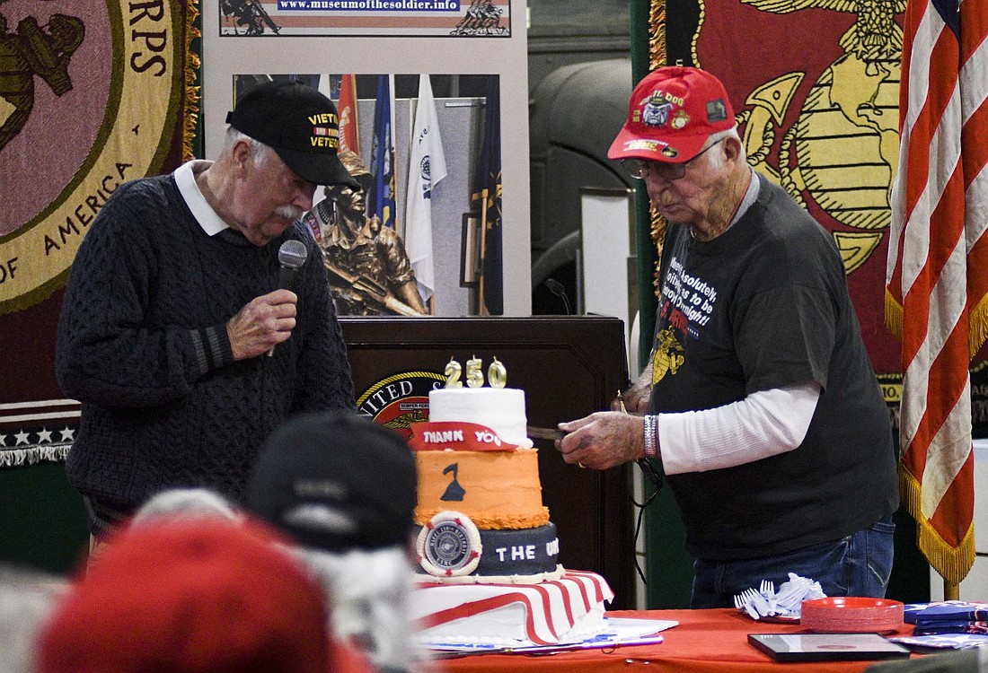 Museum of the Soldier in Portland held a birthday party Sunday for the U.S. Marine Corps, celebrating 250 years since its founding. The event included a presentation from Jessamyn Harter, also known as The Pint-Size Patriot, about her grandfather’s service on Iwo Jima and his lifelong effort to return artifacts to their rightful owners in Japan decades after World War II, and recognition of all Marine veterans in attendance. (The Commercial Review/Ray Cooney)