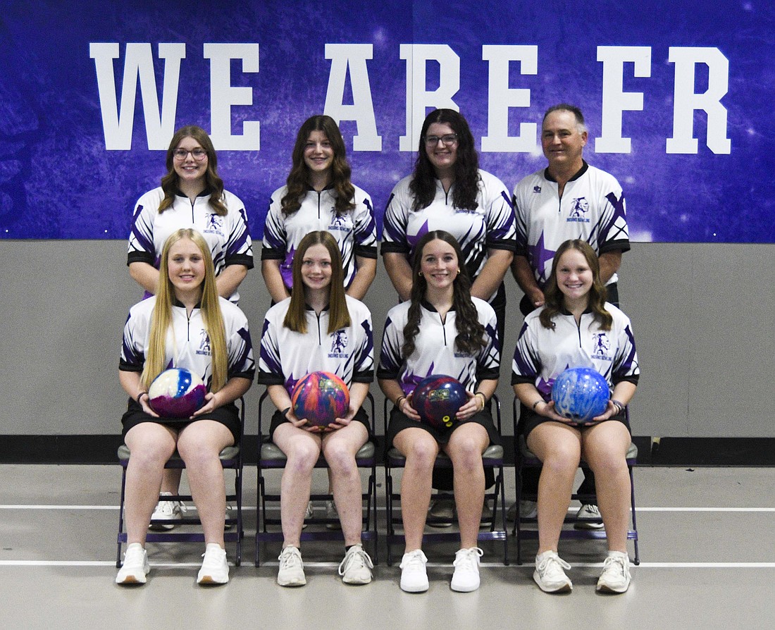 Pictured is the 2025-26 Fort Recovery High School girls bowling team. The front row from left are Malia Grisez, Deanna Brown, Jadyn Wyerick and Lilah Thien. Back row are Elizabeth Kahlig, Claire Gaerke, Liliana Williams and coach Doug Stone. (The Commercial Review/Andrew Balko)
