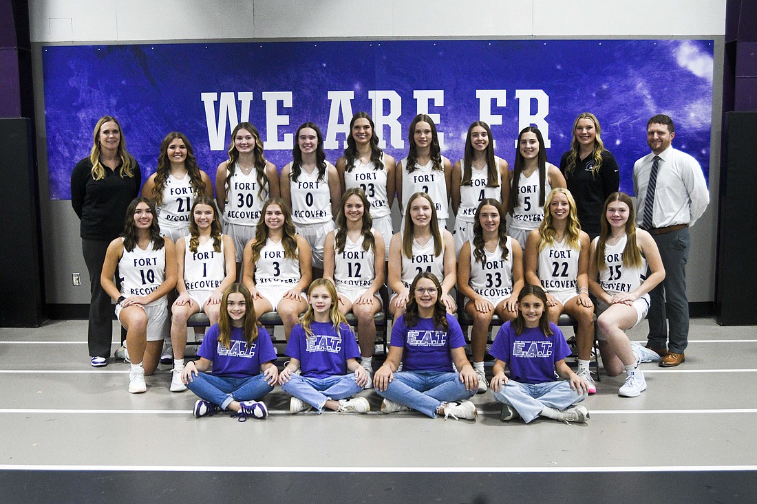 Pictured is the 2025-26 Fort Recovery High School girls basketball team. Front row from left are managers Rayna Tobin, Courtney Wuebker, Whitley Wendel and Rhea Steinbrunner. Middle row are Kendall Ranley, Kayla Gaerke, Paisley Hart, Brooke Bihn, Emma Schmitz, Brynn Huntsman, Makenna Huelskamp and Mara Wendel. Back row are assistant coach Mandy Gerlach, Ivy Tobe, Kayden Ranley, Cameron Muhlenkamp, Bridget Homan, Hope Evers, Kinlee Kremer, Madie Schoenlein, assistant coach Allison Hughes and coach Tyler Deitsch. (The Commercial Review/Ray Cooney)