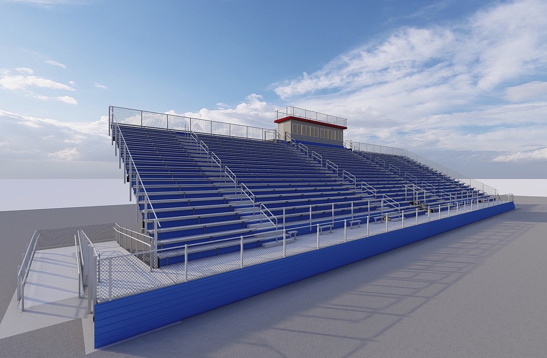 This rendering shows what new bleachers could look like at Jay County Junior-Senior High School's Harold E. Schutz Memorial Stadium. Jay School Board revisited the possibility of a more extensive stadium renovation project Monday after a better-than-expected bonding process made additional funds available for a multi-million dollar project at the school. (Barton Coe Vilamaa)