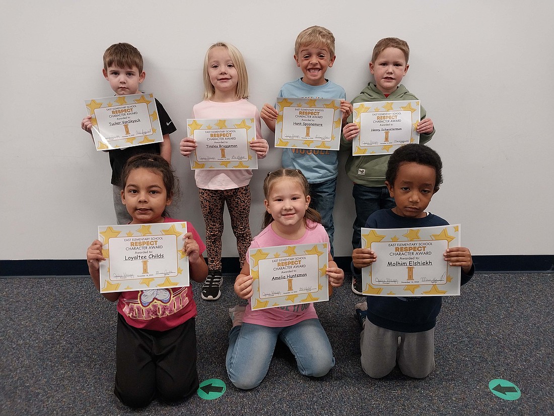 East Elementary School recognized kindergarteners for displaying respect. Pictured above are (front row) Loyaltee Childs, Amelia Huntsman and Molhim Elshiekh. In the back row are Tucker VanSkyock, Tinsley Bruggeman, Hank Spoonemore and Henry Schwieterman. (Photo provided)