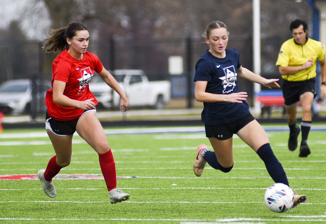 Jay County High School sophomore London Lloyd pushes the ball up the field during the inaugural East Central Indiana Soccer All-Star Game on Saturday. The Patriots, which hosted the event, had 13 kids represent Jay County. JCHS girls who participated were Aixa Lopez, Maleah Parsons, Tessa Frazee, Ariel Beiswanger, Raylin Hummer, Lloyd and Charlee Peters, while Brody Collins, Jaxson DeHoff, Emmitt Reynolds, Elias Mueller, Jacoby Penrod and Peyton Yowell played in the boys game. Burris, Union City, Richmond, Yorktown, Centerville and Delta all had representation as well. (The Commercial Review/Ray Cooney)