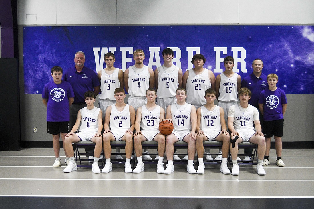 Pictured is the 2025-26 Fort Recovery High School boys basketball team. Front row from left are Kolton Thompson, Colson Post, Dylan Klenke, Braylon Dilworth, Brady Evers and Grant Fortkamp. Back row are manager Lincoln Wendel, assistant coach Tony Overton, Douglas Bihn, Breaker Jutte, Brody Barga, Hudson Overman, Carter Fortkamp, coach Bob Leverette and manager Rigley Wendel. (The Commercial Review/Ray Cooney)