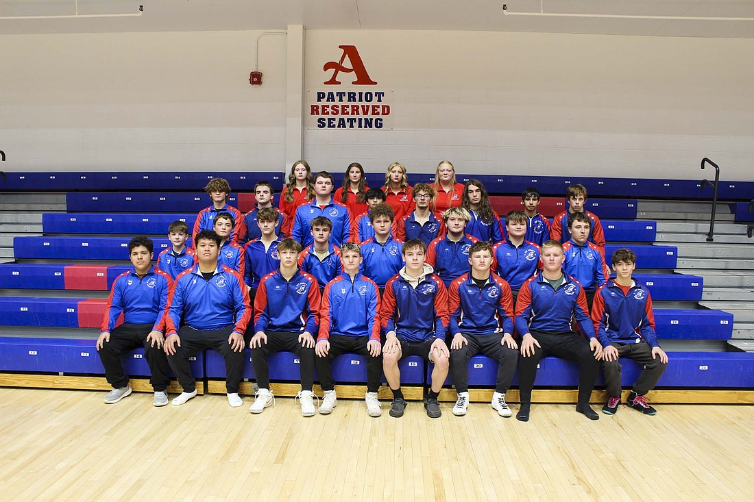 Pictured is the 2025-26 Jay County High School boys wrestling team. Front row from left are Efren Ruiz-Herrera, Alan Ortiz, Cooper Glassford, Sylas Wenk, Jacob Robinson, Caleb Sibray, Freddie Lingo and Anthony Campofiore. Second row are Mitchell Byrum, Karson Hines, Carson Tarter, Gabriel Ardizzone, Brayden Keihn, Braelyn Rathbun, Varen Ridgway and Dylan Bolt. Third row are Alexander Rivers, Mario Ardizzone, Spencer Smitley, Gavin Fennig, Jason Landers, Bryan Fields, Corbin Lothridge and Miles Jones. Back row are managers Trinity Glassford, Chloe Muhlenkamp, Raylin Hummer and Aurora Michael. Not pictured are Oscar Acantar, Jacen Dame, Alexander Doll, Reynaldo Leos, Chandler Murphy, Hayden Richman, Shawn Shott Jr. and Bryce Whisler. (The Commercial Review/Andrew Balko)