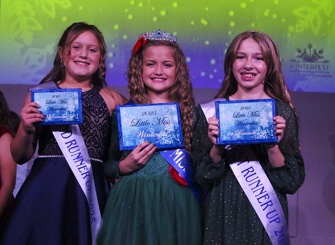 Jay County Chamber of Commerce hosted its annual Little Miss Winterfest and inaugural Golden Miss Winterfest contest Saturday. Pictured (from left) Little Miss Winterfest second runner-up Eden Lee, Little Miss Winterfest Addilyn McClain and first runner-up Kennedy Newell. (The Commercial Review/Bailey Cline)