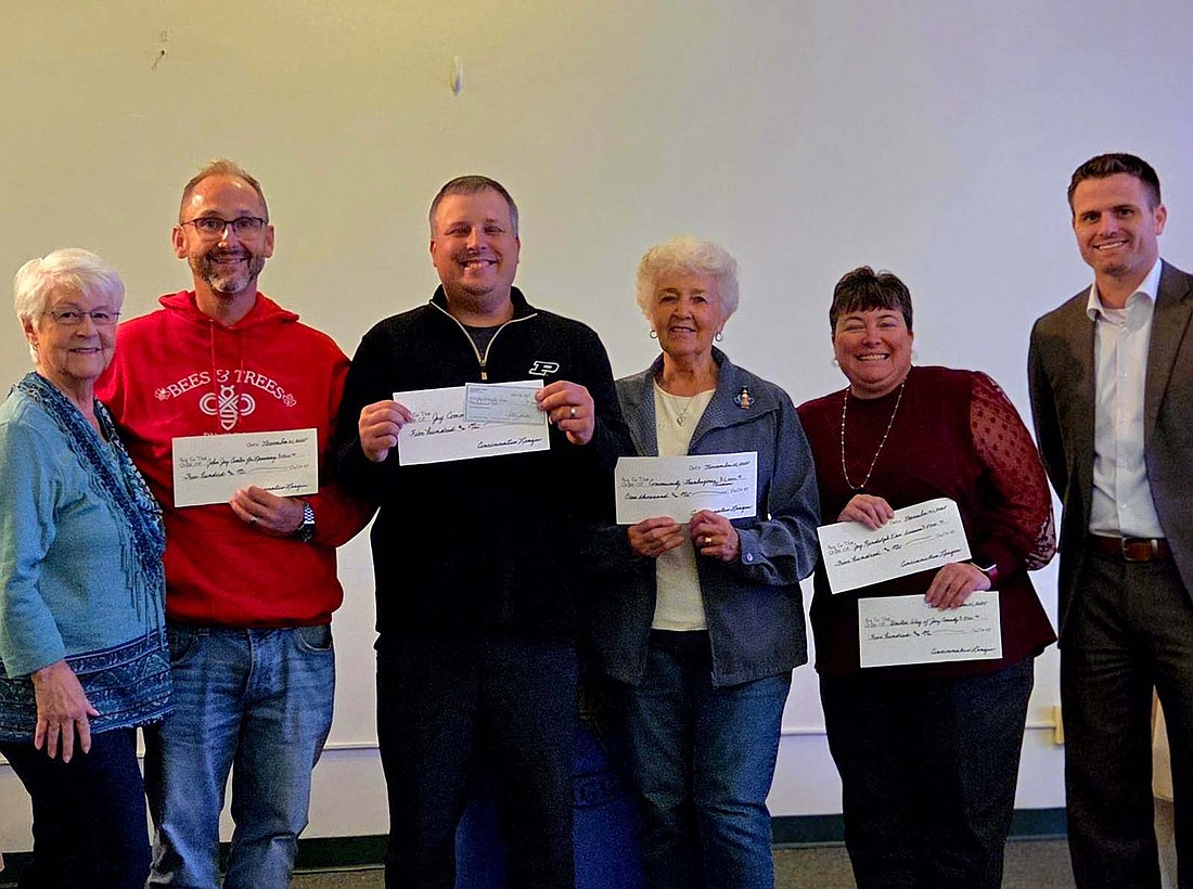 The Cincinnatus League recently made donations to area organizations. Pictured from left are Julia Schwomeyer of Cincinnatus League, Rusty Inman of John Jay Learning for Center, Kyle Cook of Jay Community Center, Carol Smith of Community Thanksgiving Dinner, Traci Gross of United Way of Jay County and Jay-Randolph Developmental Services, and Drew Houck of Cincinnatus League.