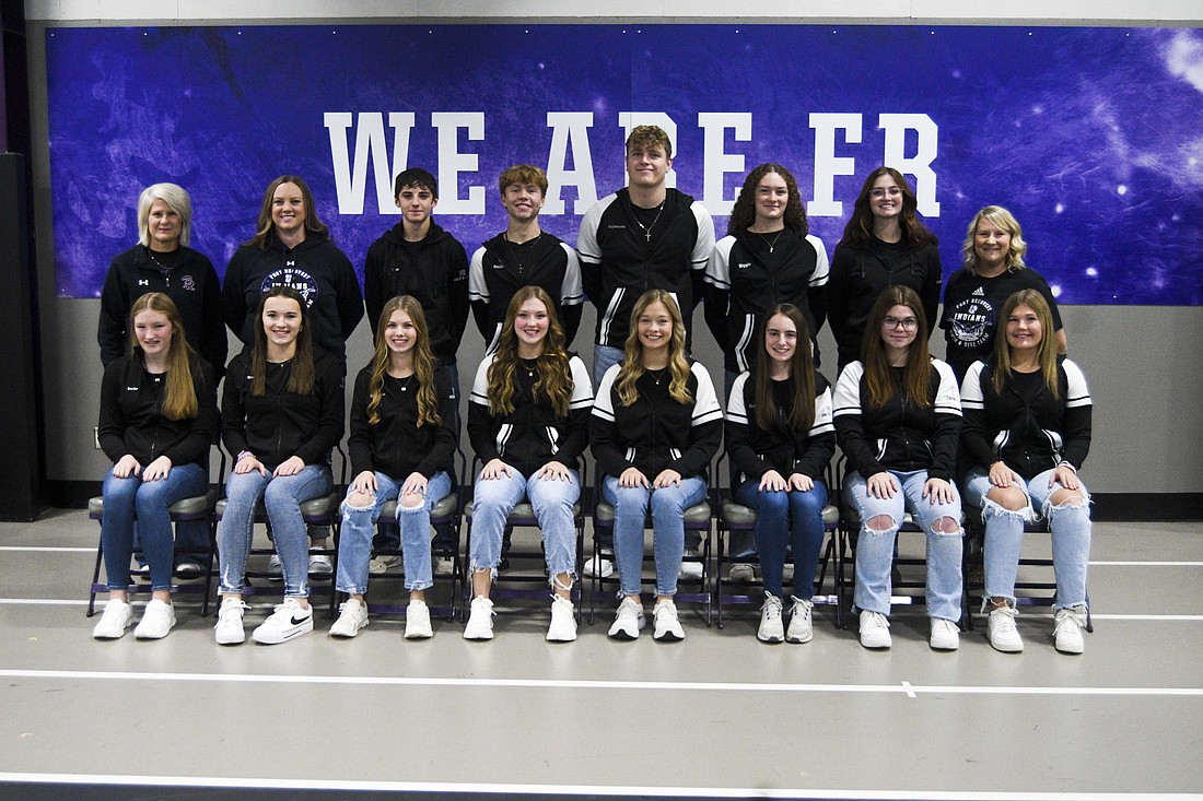 Pictured are the 2025-26 Fort Recovery High School swim teams. Front row from left are Jenna Bertke, Claire Wenning, Emily Boeckman, Livy Timmerman, Autumn Leuthold, Aubrey Shuttleworth, Scarlet Hiser and Liza Knapke. Back row are assistant coach Mindy Bubp, assistant coach Kylee Sutter, Mason Laux, Caleb Smith, Carson Fullenkamp, Theresa Hipple, Aubree Heitkamp and coach Abby Timmerman. Not pictured is Matt Marchal.