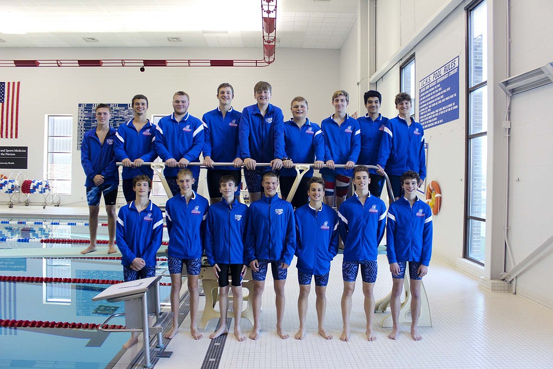 Pictured is the 2025-26 Jay County High School boys swim team. Front row from left are Bryden Carter, Carson Westgerdes, Arman Solis, Grady Warvel, Grant Glentzer, Cooper Glentzer and Benjamin Fisher. Back row are Lincoln Clamme, Peyton Yowell, David Keen, Max Klopfenstein, Grayson Swoveland, Matthew Fisher, Kamden Carter, Mouadh Nhaili and Elias Mueller. (The Commercial Review/Andrew Balko)