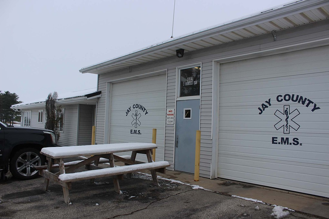 Some Jay County Commissioners and council members toured Jay Emergency Medical Service’s base in Portland, along with the Jay County Health Department and Jay County Coroner’s Office, on Wednesday as part of a meeting to evaluate needs and consider plans for a possible multifaceted public safety building. IU Health Jay has expressed a willingness to donate the Jay Emergency Medical Service base and adjacent land to the county for the project. (The Commercial Review/Bailey Cline)