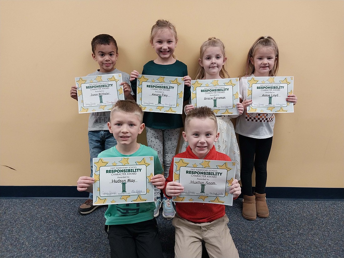 East Elementary School recognized kindergarteners for demonstrating responsibility. Pictured in the front row from left are Hudson May and Huxton Samm. In the second row are Jaxon Milthaler, Amara Eley, Gracie Foreman and Annie Loyd. Not pictured is Addilynn Willis. (Photo provided)