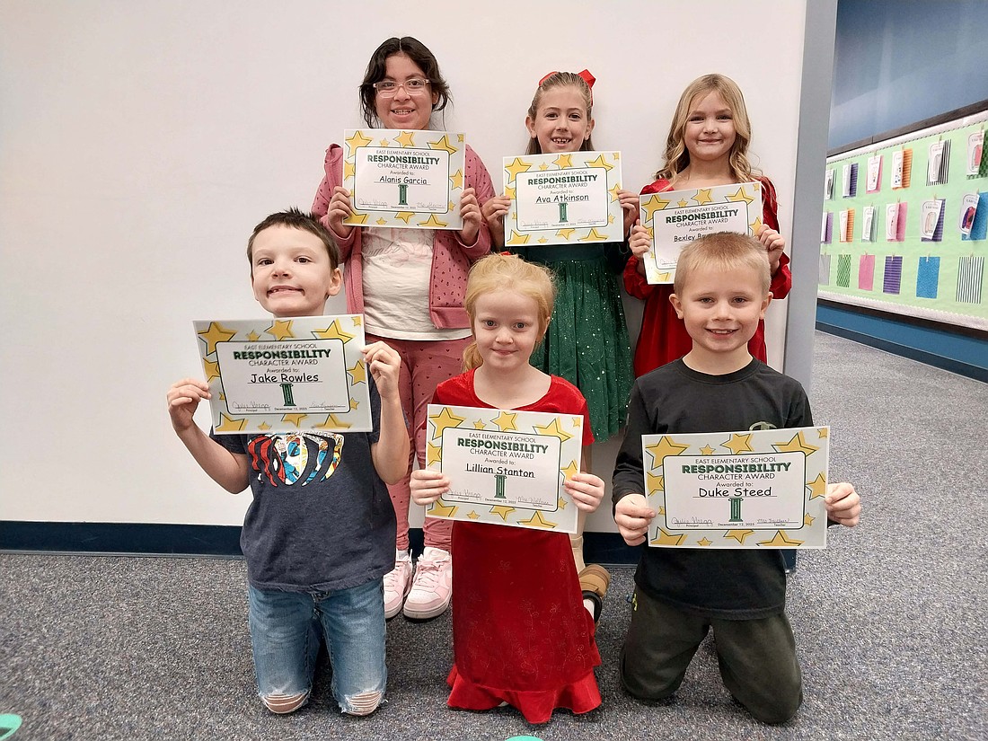 Second graders at East Elementary School received recognition for demonstrating responsibility. Pictured in the front row from left are Jake Rowles, Lillian Stanton and Duke Steed. In the second row are Alanis Garcia, Ava Atkinson and Bexley Brunswick. Not pictured is Leo Esquivel. (Photo provided)