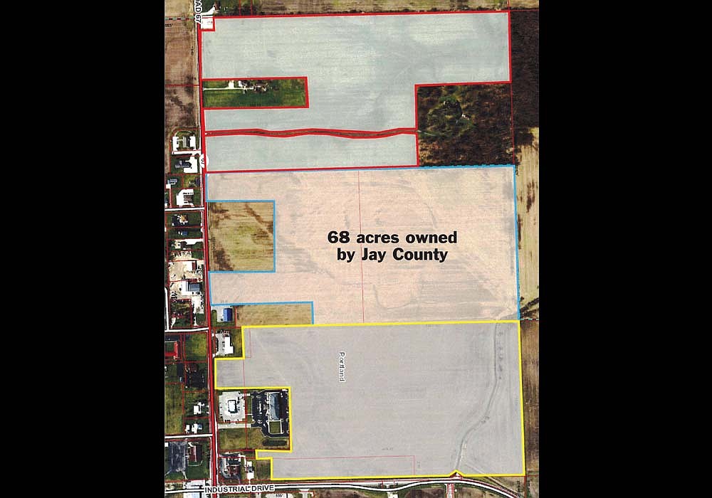 The above graphic shows the location of the 68 acres Jay County bought in March 2023 as the potential site of a housing development. Industrial Park Drive is located at the bottom of the map, with Votaw Street running along the left side. Jay County Commissioners on Monday voted 2-1 to cease plans toward the development. Their decision followed similar votes from Jay County Council and Jay County Redevelopment Commission. (Rundell, Ernstberger and Associates)