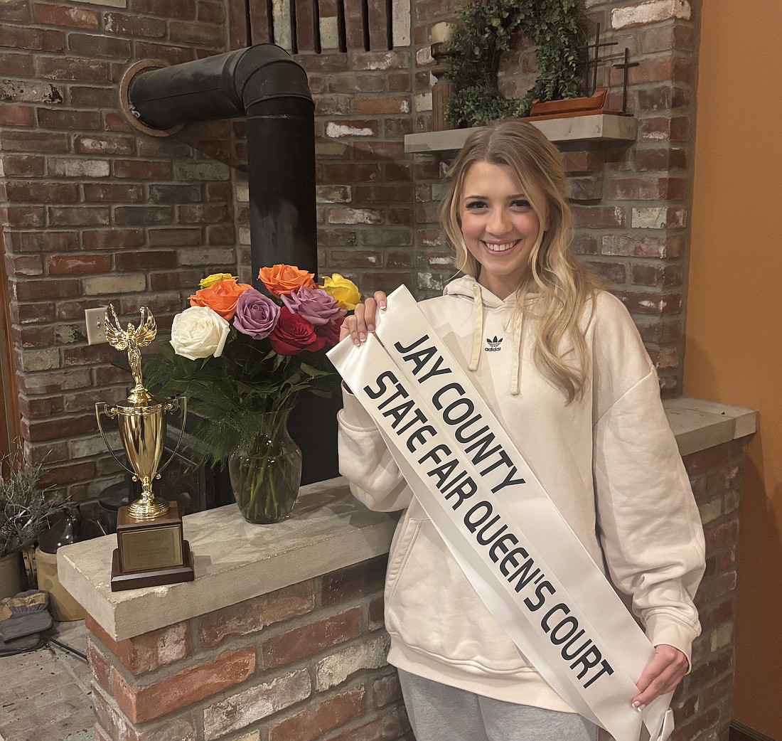 Miss Jay County Fair Queen Gretchen Link finished as the fourth runner-up Sunday in the Indiana State Fair Queen Pageant at Indiana State Fairgrounds in Indianapolis. Link became just the second Jay County queen to make the state fair court, following 1986 Indiana State Fair Queen Tina Schwieterman. The only others who made the top 10 were Beth Ninde in 1978, Jessica Howell in 2006 and Rachel Heitkamp in 2024. Presley Hampton of Jackson County was selected as Miss Indiana State Fair 2026. Others joining Link on this year’s court are first runner-up Kylie Cox of Tippecanoe County, second runner-up Addison Buckley of Hancock County and third runner-up Lexi Wilhoite of Vermilion County. (photo provided)