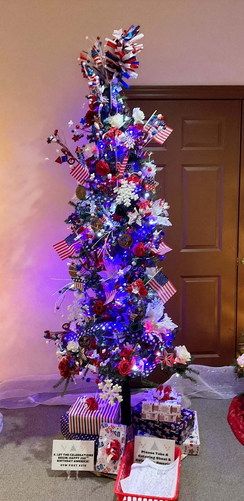 Fort Recovery VFW Post 6515 scored the People’s Choice Award in the Fort Festival of Trees this year at Fort Recovery Public Library. Pictured above, the tree celebrates the United States of America’s semiquincentennial anniversary. (Photo provided)