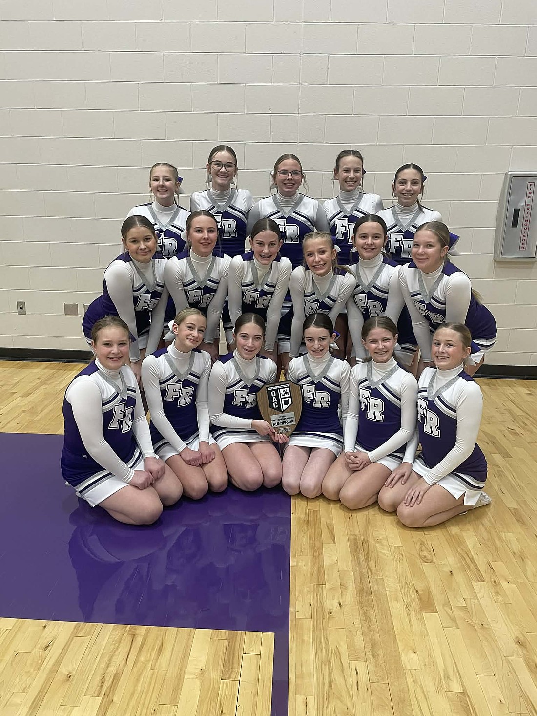 Fort Recovery’s high school and middle school cheerleading squads earned three runner-up finishes Sunday in the Ohio Athletic Committee’s Cheer State Championships. The high school squad finished second in the Division VI and VII traditional building and gameday competitions. The middle school squad also took second place. Front row from left, are middle school cheerleaders Addison Schoenlein, Whitley Overman, Brooke Dilworth, Adaley Shuttleworth, Finley Thompson and Rachel Boekman. Middle row are Alex Bihn, Skylee Grafmiller, Lauren Hart, Heidi Dues, Lilly Alig and Aubrey Post. Back row are Violet Roessner, Kendall Grube, Molly Boekman, Georgia Wuebker and Ellee Kremer.